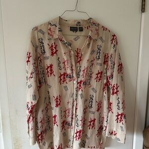 Chico's Cream Button Down Top with Black and Red Characters